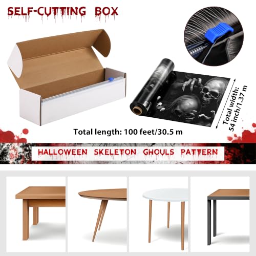 Image of Kochorie 100 Ft x 54 Inch Halloween Graveyard Skeleton Tablecloth Roll with Cutter Box Waterproof Plastic Horror Theme Skeleton Ghouls Photography Backdrop for Halloween Spooky Party Decor