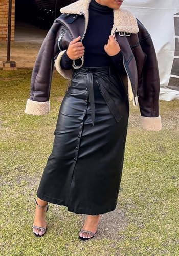 Ptorlio Womens Leather Maxi Skirt High Waisted Y2k Button Down Going Out Teacher Long Pencil Skirts with Slit4