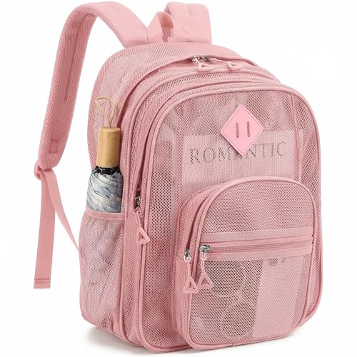 HuiLeo Mesh Backpack for Boys Girls Teens Heavy Duty See Through College Bookbag for School Work Beach Pink