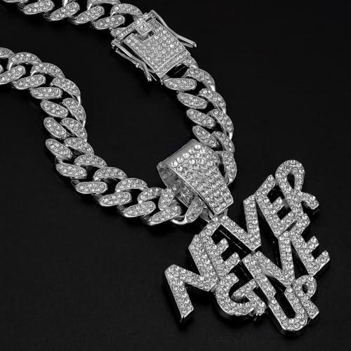 NEVER GIVE UP Hip-hop Cuban Chain, Rhinestone Pendant Necklace Jewelry For Men，Men's Fashion Jewelry2