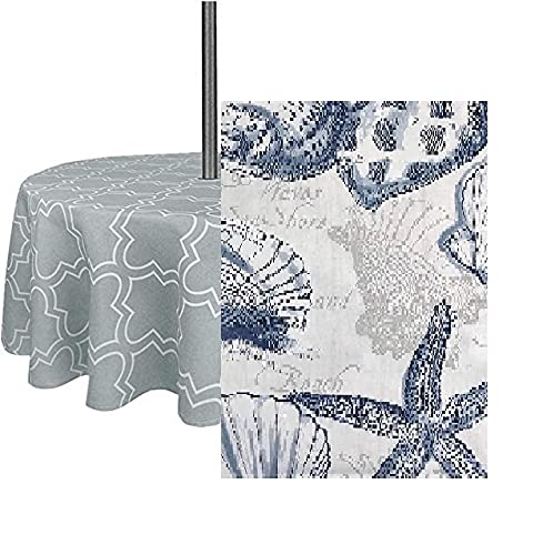 Seashells Nautical Vinyl Flannel Back Tablecloth with Zipper Closure for Umbrella Table Hole Beach Ocean Conch Shell Starfish Coastal 52 x 70 Oblong (Bundle) Paper Straws Included
