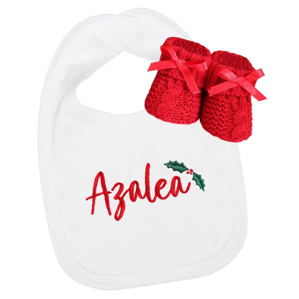 TeddyT's Personalised Christmas Holly Baby Bib and Red Booties (0-3 Months)