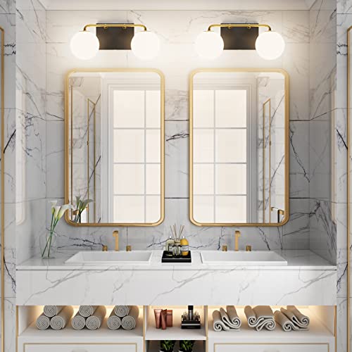 Image of Tipace 2 Lights Mid Century Vintage Bathroom Vanity Light Fixtures Over Mirror Black Gold Industrial Vanity Lights with Milk White Glass Globe Farmhouse Bath Lighting(Exclude Bulb)