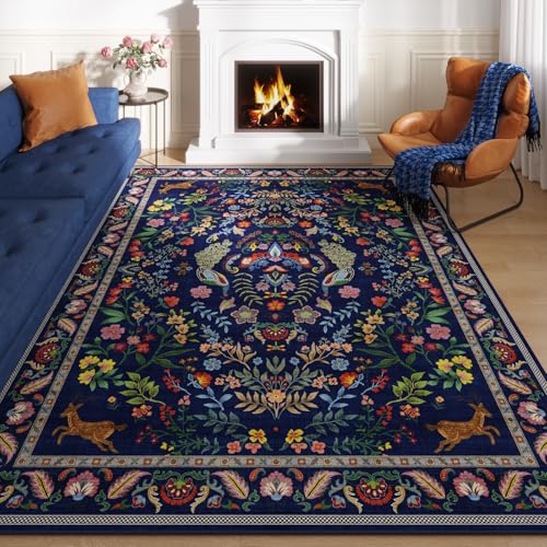 8x10 Area Rugs for Living Room Washable Rug Floral Non-Slip Large Rug for Living Room, Bedroom, Farmhouse, Dining Room, Kids Playroom(Blue)