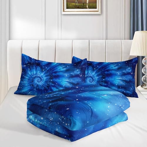 Image of AILONEN Tie Dye Comforter Set Queen Size,Galaxy Space Bedding Set 3Pcs for Kids Teens Adults,Deep Blue Tie-Dye Spiral Quilt with 2 Pillowcases,All Season