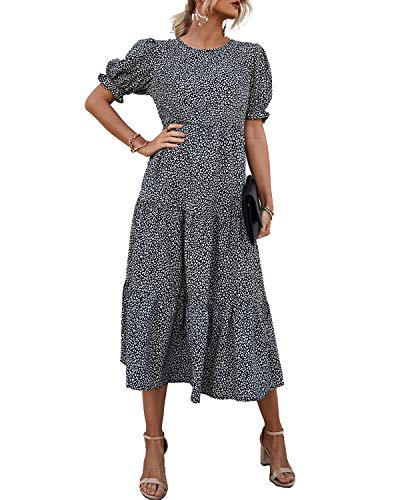 PRETTYGARDEN Women s Summer Casual Boho Dress Floral Print Ruffle Puff Sleeve High Waist Midi Beach Dresses (Black,Medium)