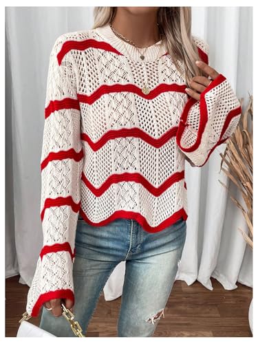 MakeMeChic Women's Crochet Top Chevron Bell Sleeve Crew Neck Hollow Out Long Sleeve Sweater Shirts4