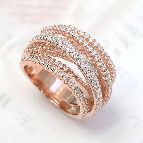 925 Silver Shining White/Rose Gold X Criss Cross Ring Cubic Zirconia Promise Rings CZ Cross Knot Ring 14K Gold Diamond Pave Ring, Multi-Row Design Engagement Wedding Ring for Women (Rose Gold8)4