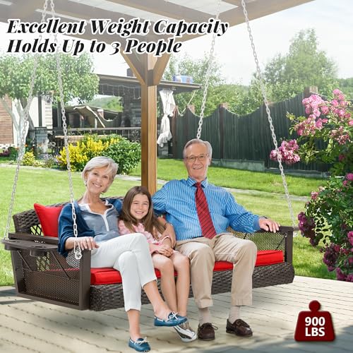Image of HOMREST 3-Person Wicker Porch Swing with Upgraded Cup Holder, 56 Inch Patio Hanging Swing Bench Chair with Cushions, Outdoor Swing 900lbs Capacity Chains for Deck Garden Backyard (Red)