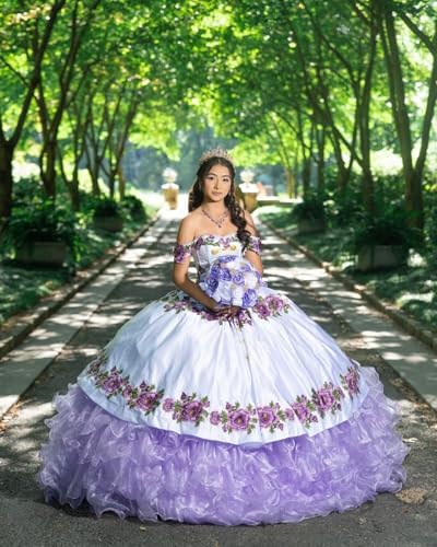 Off Shoulder Mexican Quinceanera Dresses with Bow Organza Embroidery Prom Dress Puffy Ruffle Sweet 15 16 Dresses2