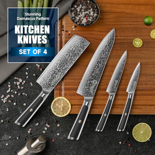 Image of Sunnecko Damascus Kitchen Knife Set 4 Piece, Sharp Chef Knife Set Professional Kitchen Knives Sets Full Tang with Gift Box