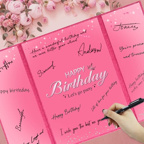 Image of Holkcog Pink Birthday Party Decorations for Girls, Glitter Let's Go Party Alternative Signature Guest Book for Women, Hot Pink Birthday Gifts Signing Card Board, Behind You All Your Menories Supply