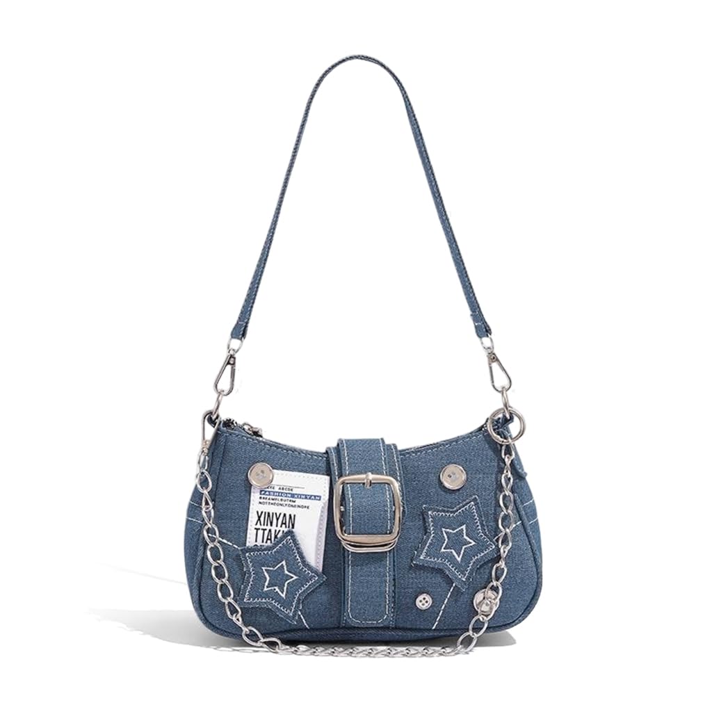 Chic Shoulder Bag for Girls Canvas Handbag with Chain Charm Small Hobo Bag Stylishly Sweet Y2K Star Patchwork Letter Printed Handbag Casual Small Shoulder Bag Zipper Bag, 23x7x13cm, Blue
