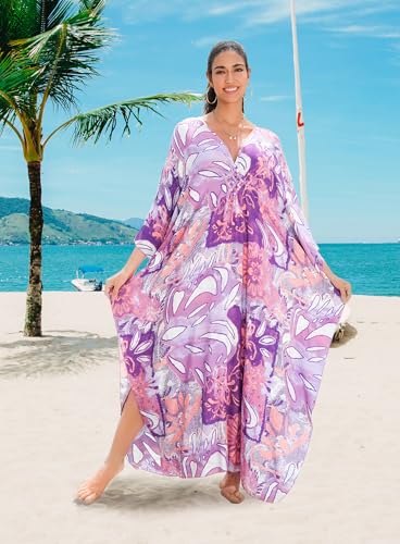 Image of Yanziliu Kaftan Dress for Women,Plus Size Hawaiian Batwing Sleeve Beach Cover Up Summer Swimsuit Dresses