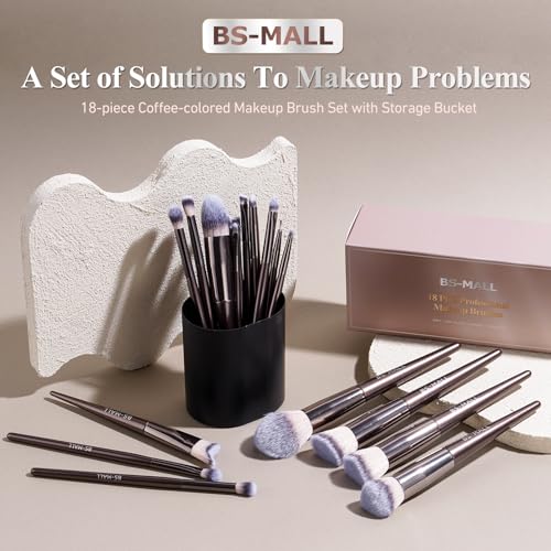 Image of BS-MALL Makeup Brush Set 18 Pcs Premium Synthetic Foundation Powder Concealers Eye shadows Blush Makeup Brushes with black case (Coffee)