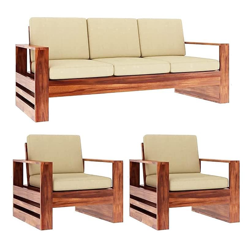 Streema art 5 Seater Sheesham Sofa Set for Living Room (3+1+1) Teak Finish | Wooden Sofa Sets for Home (Natural) 3