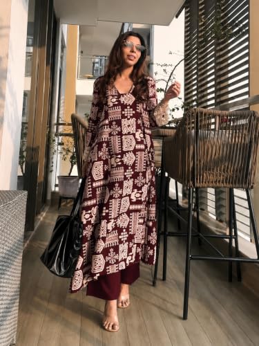 Image of ANNI Designer Kurta Sets for Women Viscose Printed | Kurta with Dupatta Set | A Line Kurti Set for Women | Square V Neck 3 /4 Sleeve Ethnic Outfit | Designer Indian Kurti Stylish Clothing