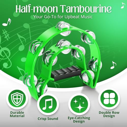 Flexzion Tambourine Metal Half Moon Musical Instruments Double Row Metal Jingles Hand Held Instruments Percussion with Ergonomic Handle Grip, Tambourines for Adults Church, Green
