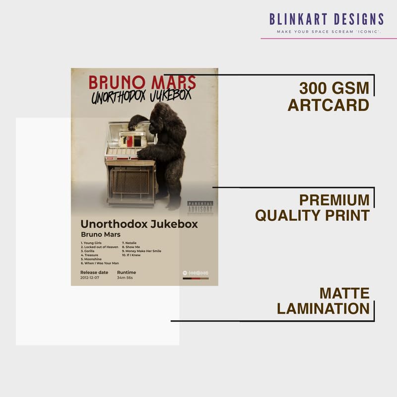 Image of BLINKART Bruno mars - Unorthodox Jukebox Wall Photo Frames | Wall Art for Bedroom, Living Room, Studio or Office | Album Cover Print with Spotify Song Link QR Code | Gift for Fans - 8x12 In