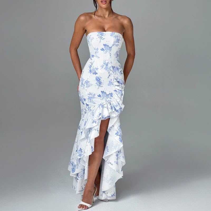Image of Women's Sexy Strapless Backless High Split Long Maxi Dress Ruched Off Shoulder Sleeveless Bodycon Party Cocktail Dresses