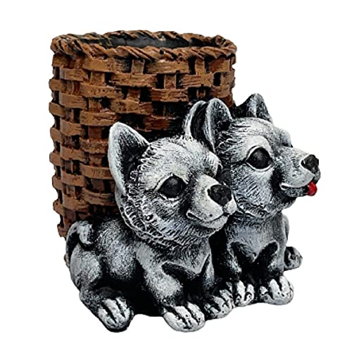 Image of AUGEN Pen Stand Decorative Hand Painted Two Puppy, Dog Design Stationery Holder | Gift Item | Table Top Decor (1053)