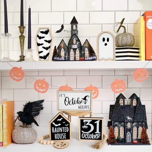 DAZONGE Halloween Decorations | 6PCS Halloween Tiered Tray Decor | Bat Coffin, Haunted House, Ghost, Witches, October 31 Sign, Bead Garland | Halloween Decor | Halloween Centerpiece for Table Shelf - Image 6