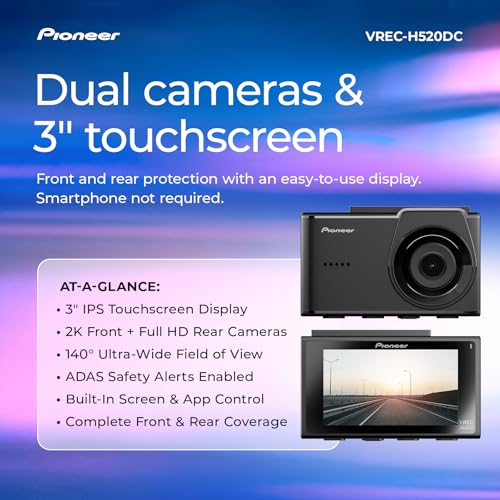 Image of Pioneer VREC-H520DC Dual Dash Cam Front and Rear Car Camera - Large Screen, 2K Resolution, Starvis Night Vision, 140 Degree Wide Lens, ADAS Safety Alerts, Built In GPS, Impact Detection, 24 /7 Coverage