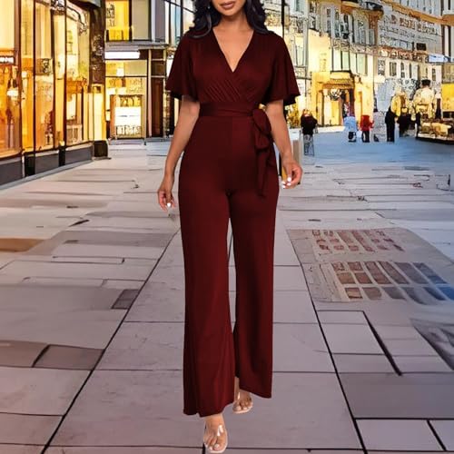 Image of PaladMom Womens Elegant Plus Size Jumpsuits Sexy Back zipper Short Sleeve Mid Waist Wide Leg Straight Rompers