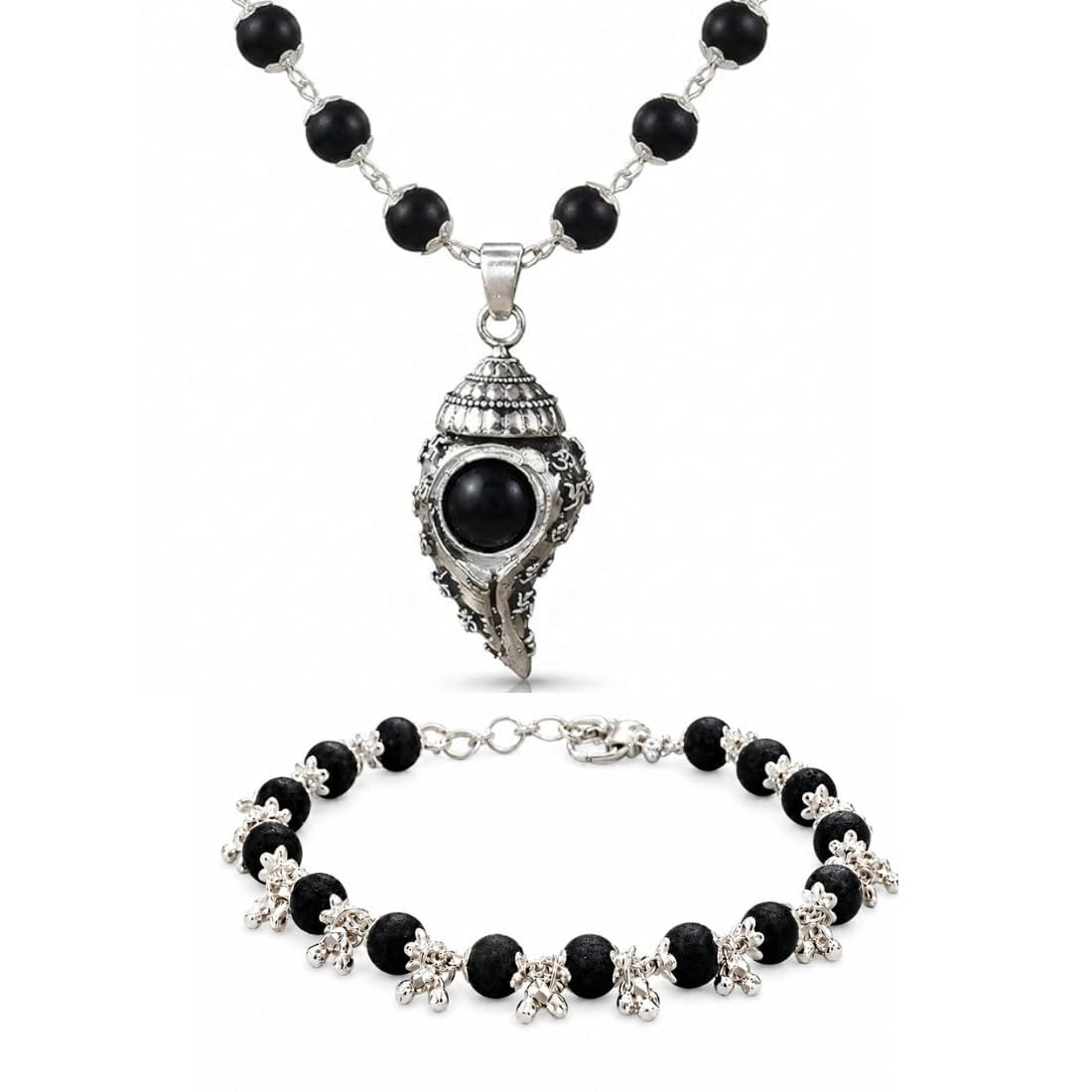 Black Wood Beads Mala with Om Sathiya Shank Charm & Ghungroo Bracelet Bracelet Combo for Men & Women | Spiritual Jewelry Set-image-30