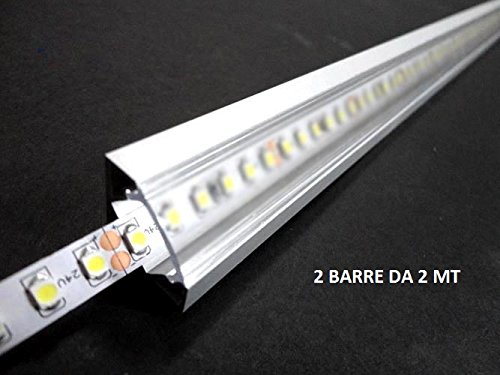 PROFILI IN ALLUMINIO 45° 6063 TL1919 IN BARRE DA 2 MT PER STRISCE A LED CON COVER OPACA O TRASPARENTE E TAPPI E GANCI DI MONTAGGIO INCLUSI (2 BARRE DA 2 MT, COVER TRASPARENTE)