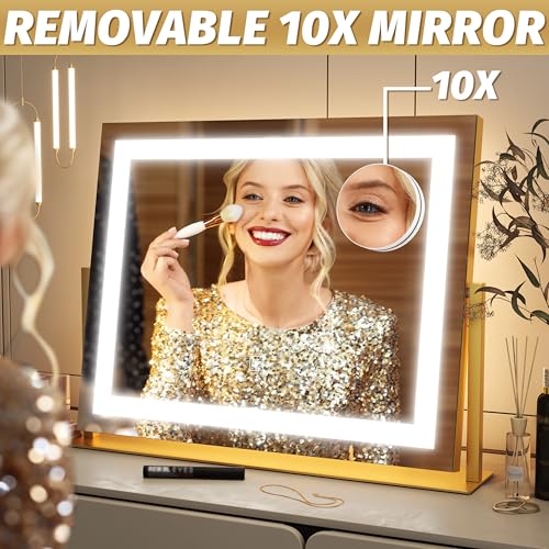 Image of FENNIO Vanity Mirror with Lights 22''x18'' Makeup Mirror with Lights,Lighted Makeup Mirror with 10X Magnification ,Smart Touch Screen with 3-Color Lighting,Dimmable(Square Gold)