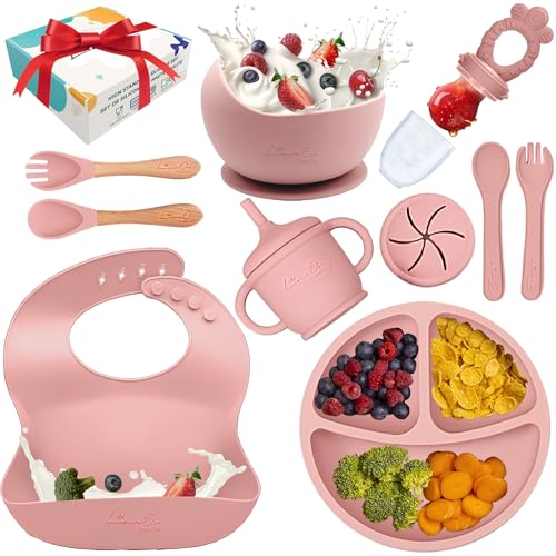Image of 10 Pcs Silicone Baby Feeding Set – Baby Led Weaning Supplies – Toddler plates and bowls set, Bib, Cup, Spoons & Forks – BPA-Free, Easy to Clean – Empower Independence with LimOr - Pink