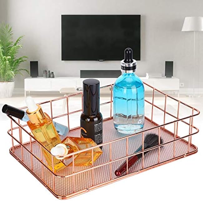 Wire Storage Basket, Large Wire Baskets for Storage Bin Decorative Storage Basket Stainless Steel for Household Desktop Organization (Rose Gold)