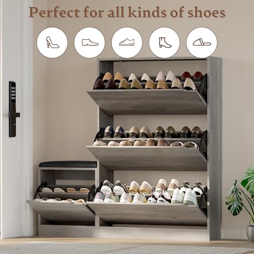 Image of BORNOON Shoe Cabinet with Bench and 3 Flip Drawers, Slim Narrow Shoe Storage Cabinet, Freestanding Shoe Rack Organizer with Adjustable & Removable Shelves, Anti-Tip for Entryway, Hallway, Foyer
