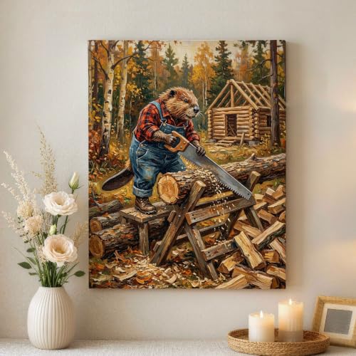 Lienzo decorativo para decorar paredes vacías con arte rústico de castor y sierra marrón