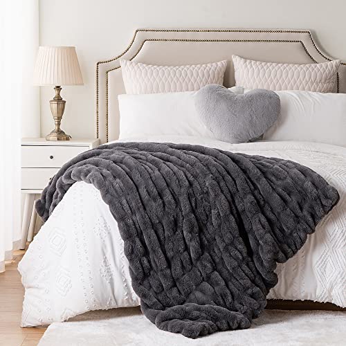 Luxury Concepts Soft Faux Rabbit Fur Throw Blanket - 50" x 60", Elegant Ruched Design Blanket, Machine Washable and Wrinkle Resistant, Lightweight Dark Grey Throw Blanket for Couch, Sofa and Bed