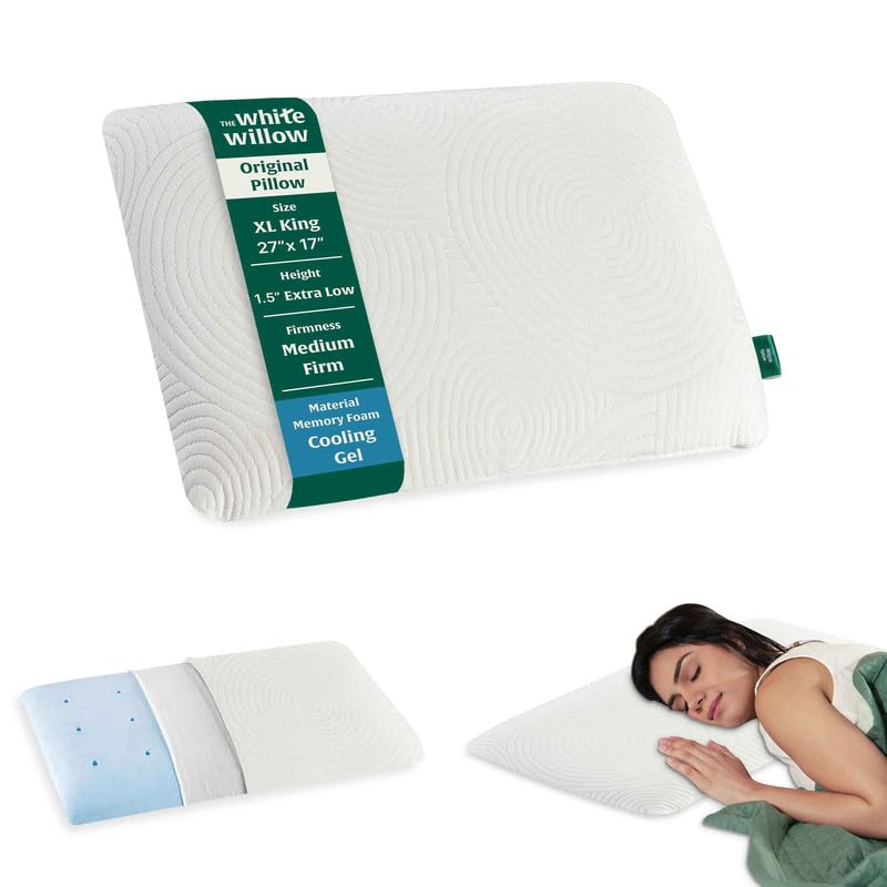The White Willow Ultra Thin Pillow For Sleeping-Ultra Slim Memory Foam Pillow Cool Gel-Slim Pillow For Neck & Shoulder Pain-Flat Pillow-Orthopedic Cervical Pillow For Neck Support-XL King-1.5"H-White