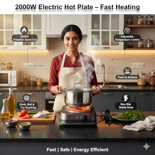 Image of Drumstone 2000W Electric Hot Plate Single Burner | Fast Heating Coil Cooktop with Adjustable Temperature Control | Portable Cooking Stove for Hostel, PG, Office, Travel & Home