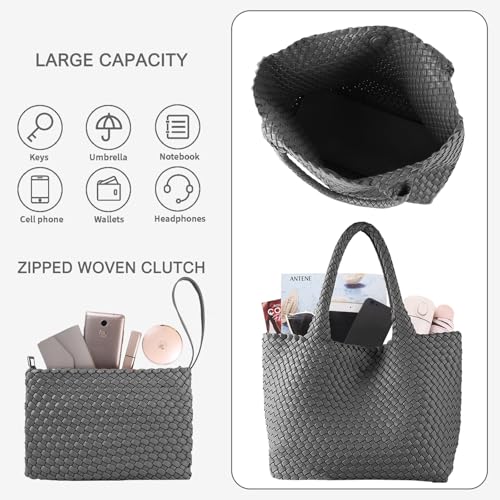 Image of Woven Tote Bag for Women Vegan Leather Handwoven Bags with Small Purse