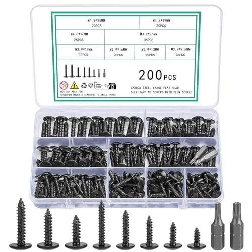 Vwoqiy 200 Piezas M4.8 M3.9 Tornillos Torx Autorroscantes para Madera, Cabeza Plana para Paneles de Yeso, Hormigón, Reparaciones