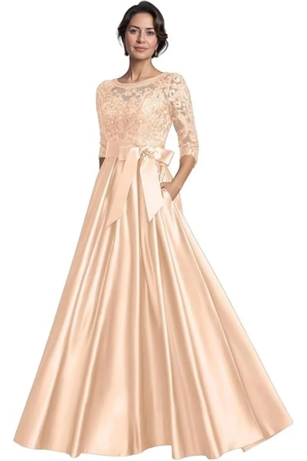 Abiti da sera lunghi in raso con applicazioni in pizzo e maniche a 3/4, con tasche, scollo rotondo e scollo a V.(Champagne,14W)