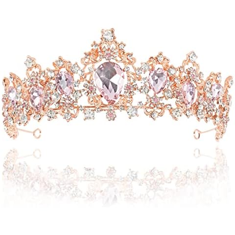 WEWBABY Rose Gold Tiara and Crown for Women Pink Queen Crowns for Girls Princess Baroque Crystal Rhinestone Bridal Tiara for Bride Costume Party Festival… Cover