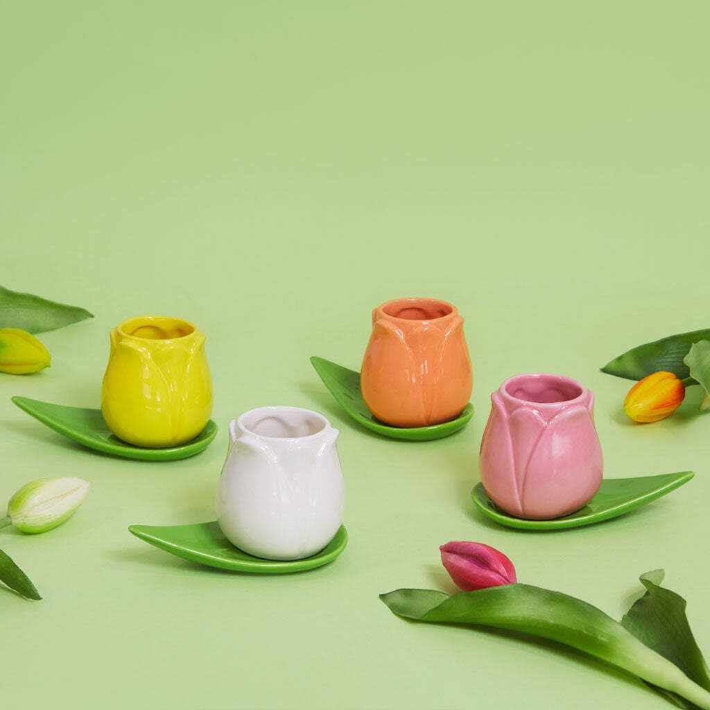 Balvi Set Tazas café Tulip Color Blanco/Amarillo/naraja/Rosa 4 Tazas con Forma de tulipán y 4 Platos