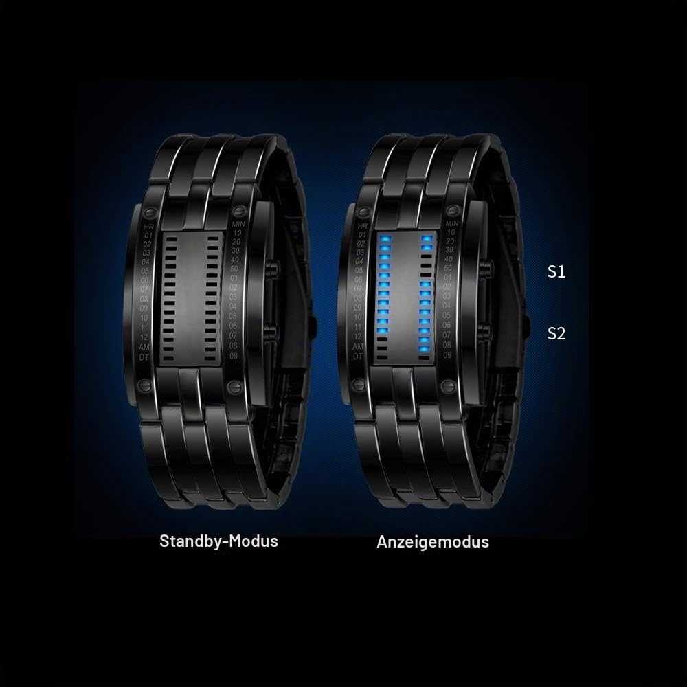 Unisex Binär Digitale Uhren Schwarz Edelstahl Fashion Casual Stil Eckig Zifferblatt Blau LED Licht Einzigartig Armbanduhren Kalender