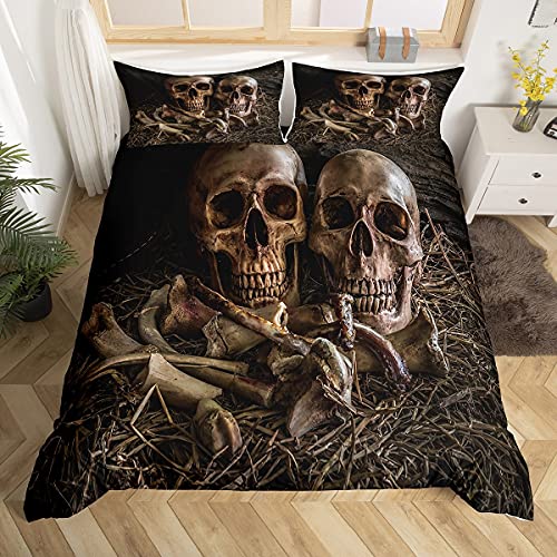 Loussiesd 3D Skull Duvet Cover Set Single for Kids Gothic Skull Bedding Set Skeleton Bones Print Comforter Cover Scary Bedspread Cover Microfiber Vintage Quilt Cover Zipper Closure 2 Pcs - Image 3