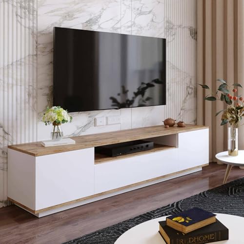 Dmora - Meuble TV Sinope, Buffet de Salon, Armoire Basse pour TV, Base Murale de Rangement, 180x45h45 cm, Chêne et Blanc