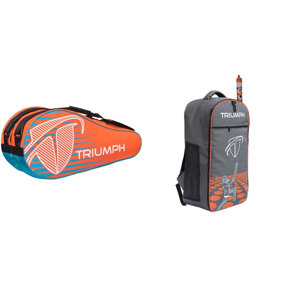 Triumph Stroke Badminton Kit Bag Orange/Sky Blue + KB-2020 Cricket Backpack Full Padded Grey/Orange Bag Size 27X8X14-image-41