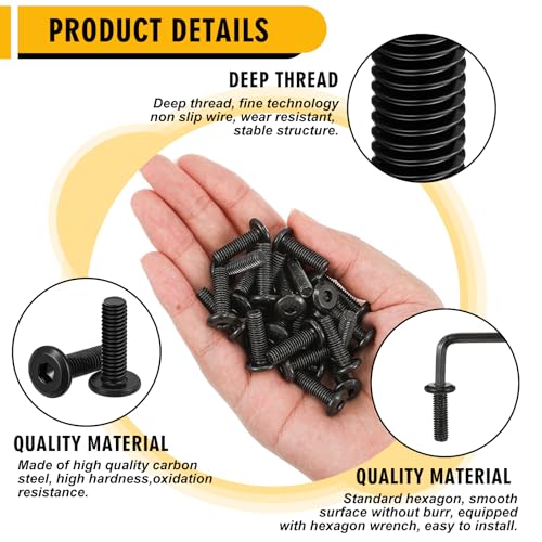 Image of Blulu 50 Pcs M6 x 20mm Flat Head Hex Socket Cap Screws Bolts, Carbon Steel Furniture Bolts Full Thread Black Oxide Hex Drive Fasteners Socket Head Screws with Black Spanner
