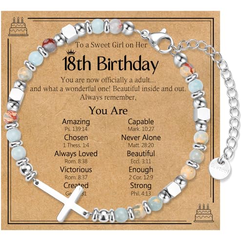 Happy 10th 13th 16th 18th 21st Birthday Gifts for Girls- Adjustable Stainless Steel Christian Cross Beaded Bracelet, 10 13 16 18 21 Year Old Birthday Gift Ideas