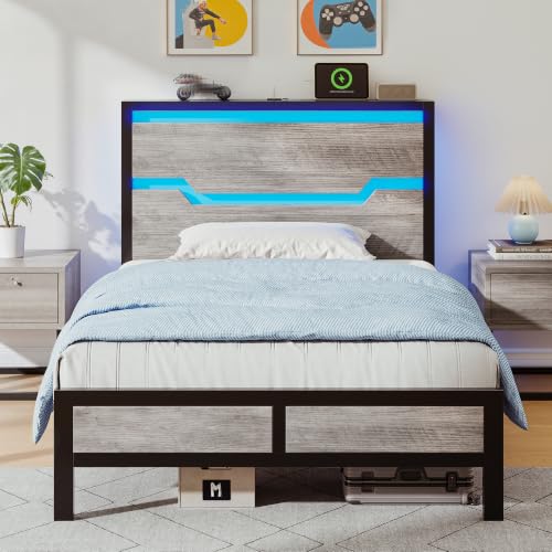 Image of Homkdom Twin Metal Bed Frame with LED Storage Headboard & USB Ports Grey | Underbed Storage for Saving Space, Noise-Free Quiet Sleep Setup for Teens Room, College Dorms & Small Studio Apartments